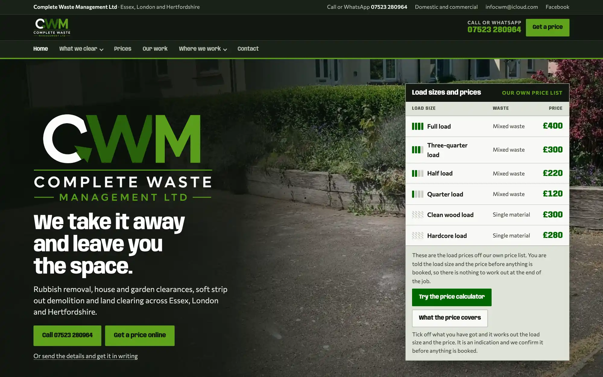 The Complete Waste Management homepage: rubbish removal across Essex, with the load sizes and their prices listed beside the headline