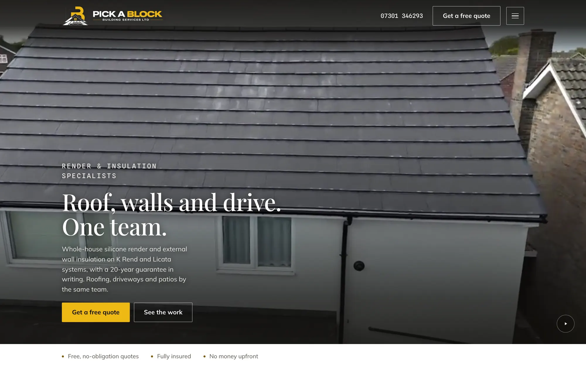 The Pick A Block homepage: a rendered house with a new roof, walls and drive from one team